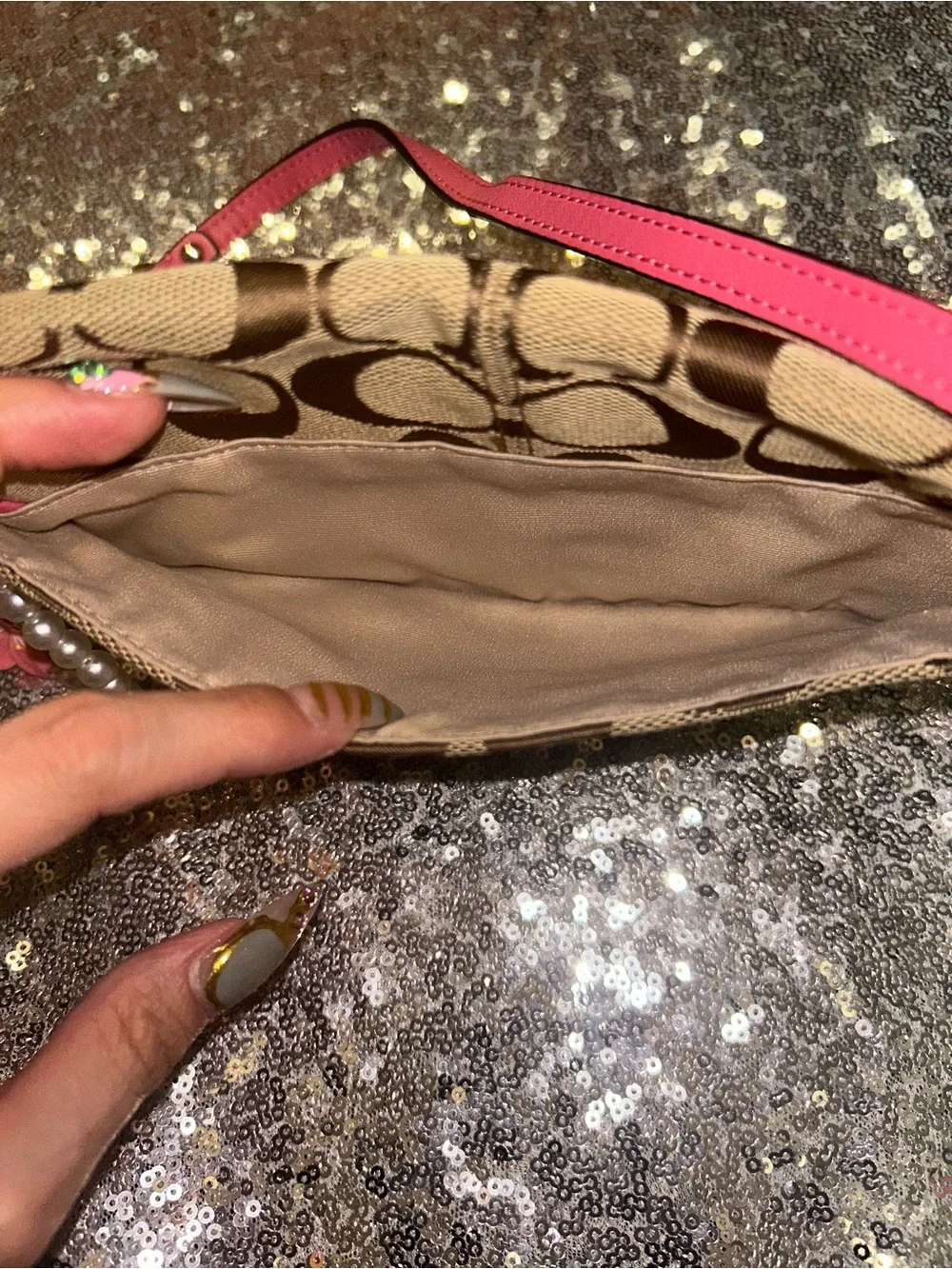 Coach Brown Signature Canvas Wristlet with Pink Trim